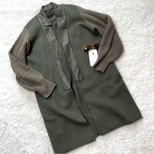 BCBG Open Duster Sweater Jacket Leather Accent